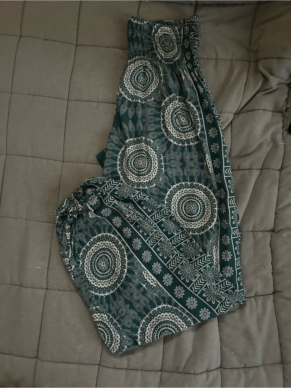 Wide-Leg Teal Printed Smocked-Waist Pants